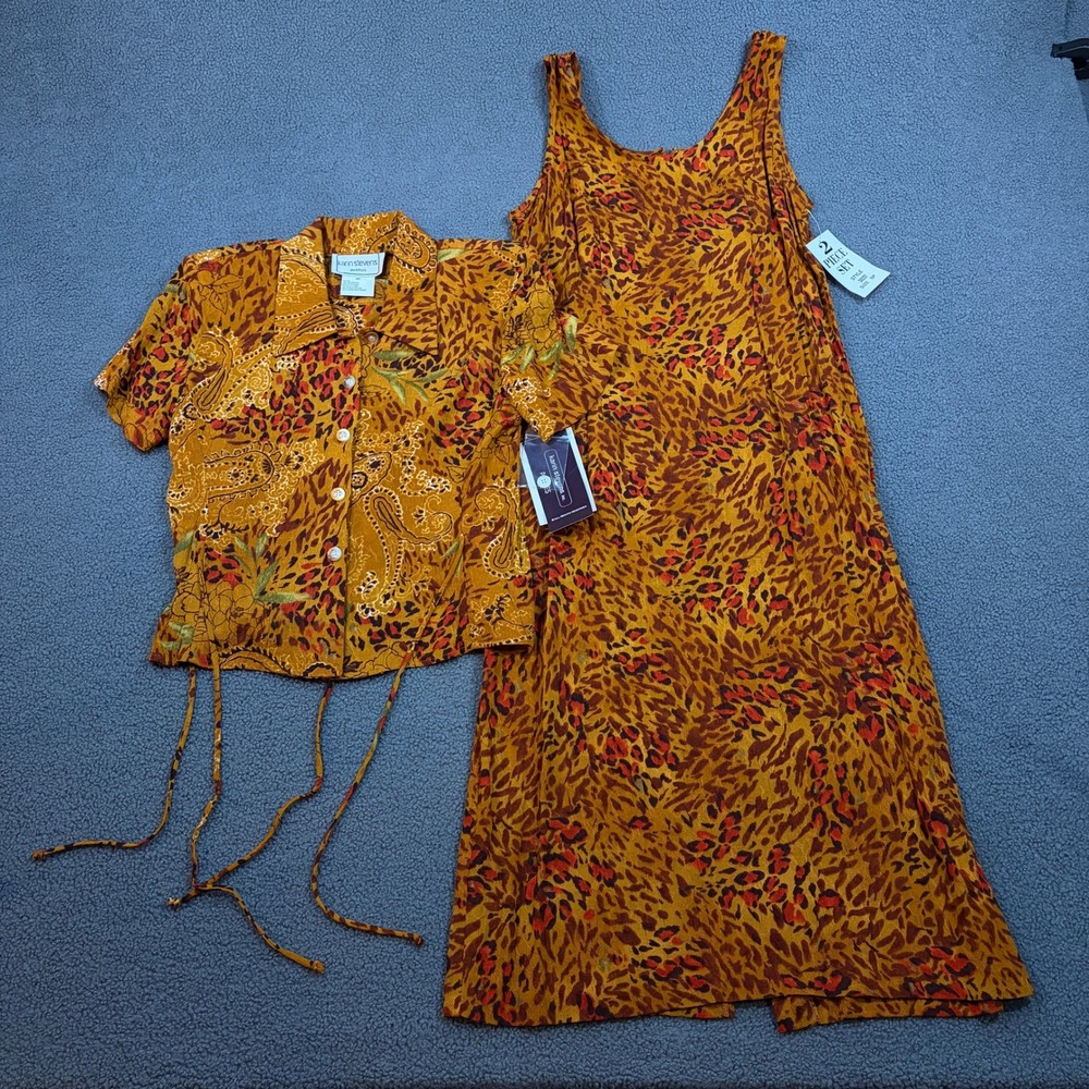 Karin Stevens 2 Piece Dress Set Women 6P Gold Animal Paisley Crepon 225-6764 NWT